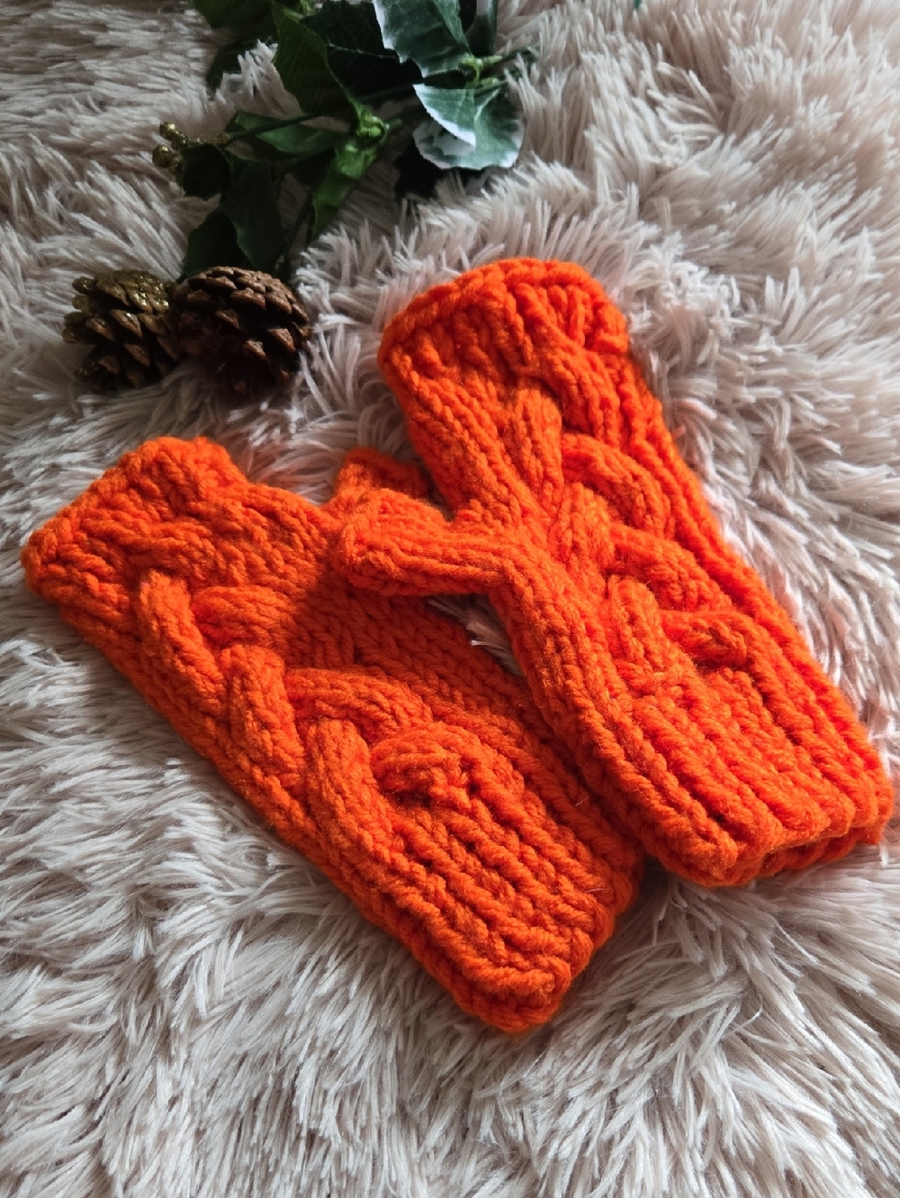 NEW Orange Cable Handknit Chunky Cable Fingerless Gloves Mittens One size